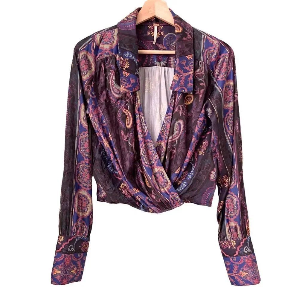 NEW Free People Paisley Print/Mesh Long Sleeve Cropped Top in Size S/P